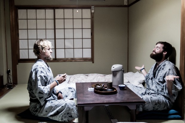 Climbing into the Japan Alps, the heavens opened so we retired to a little Japanese Inn in the mountains. Wearing our Kimono (Yukata) and drinking tea. Gujo, Japan
